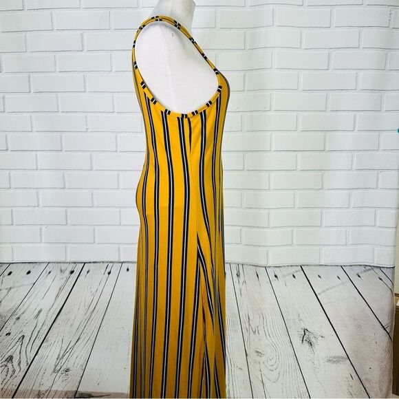 10/$25🦋 LOVE Mustard Yellow & Navy Blue Striped Sleeveless Maxi Dress - Size 1X - Picture 5 of 15